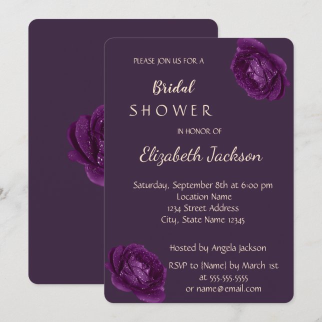 Invitation Élégant Chic Roses Violettes  Lancement de Mariée (Devant / Derrière)