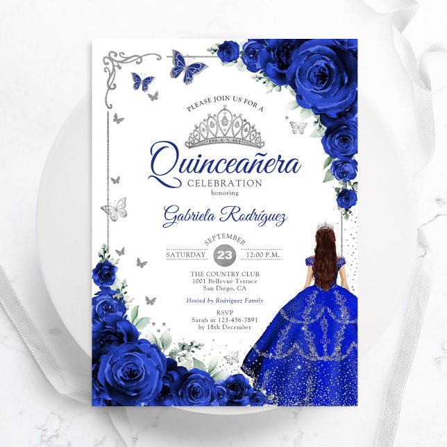 Invitation Élégant Chic Royal Blue Silver Floral Quinceanera (Créateur téléchargé)