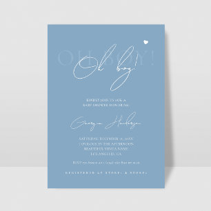 Invitation Élégant Chic Script Oh Boy Heart Baby shower Bleu