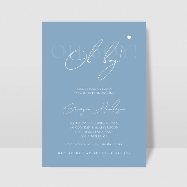Invitation Élégant Chic Script Oh Boy Heart Baby shower Bleu (Créateur téléchargé)