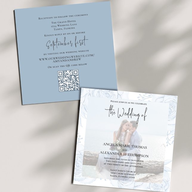 Invitation Élégant Chic Simple Classique Dusty Blue Floral RS (Simple elegant Photo wedding invitation with a QR code for rsvp, template. )