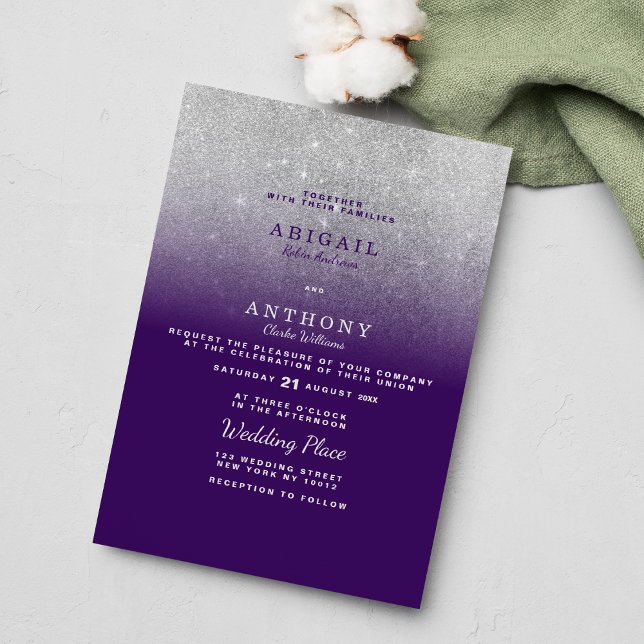 Invitation Élégant chic violet argent parties scintillant omb (Elegant chic purple silver glitter ombre wedding invitation )