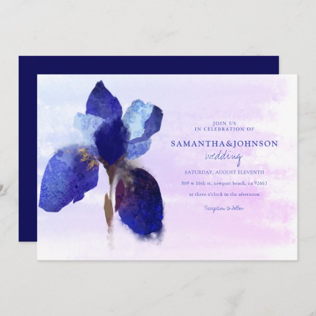 Invitation Élégant chic violet Iris Ombre Watercolor Mariage (Devant / Derrière)