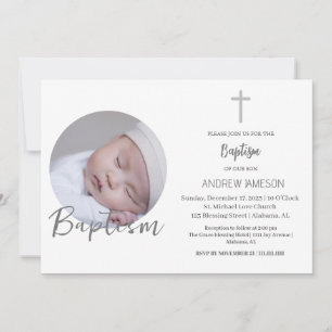 Invitation Élégant Christian Blue Round Photo   Baptême