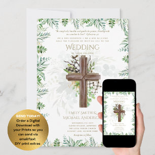 Invitation Elégant Christian Greenery Rustic Cross Mariage