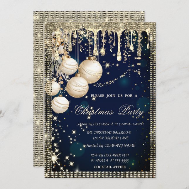 Invitation Elegant Christmas Balls Drips Gold Blue Christmas  (Devant / Derrière)