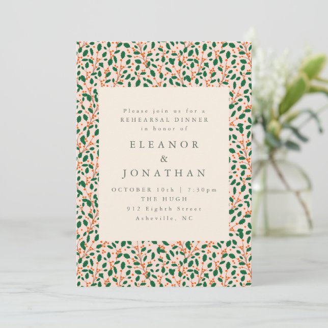 Invitation Elegant Christmas Holly Wedding Rehearsal Dinner (Debout devant)