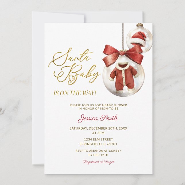 Invitation Elegant Christmas Ornaments Gold Santa Baby Shower (Devant)
