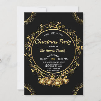 Invitation Elegant CHRISTMAS PARTY Black and Gold bells