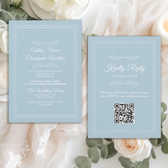 Invitation Élégant ciel bleu blanc poussiéreux code QR mariag (Elegant dusty blue QR code wedding invitation)