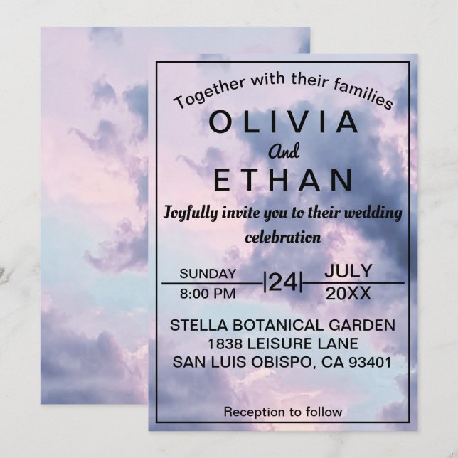 Invitation Elégant ciel bleu nuages Mariage romantique (Devant / Derrière)