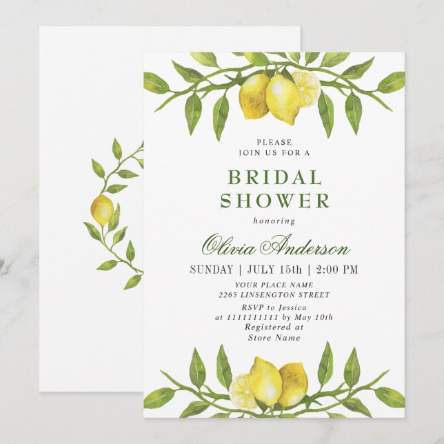 Invitation Élégant Citron Aquarelle Verdure DOUCHES DE MARIÉE (Devant / Derrière)