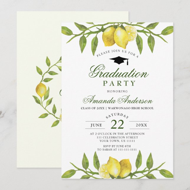Invitation Élégant citron vert chic fête de graduation (Devant / Derrière)