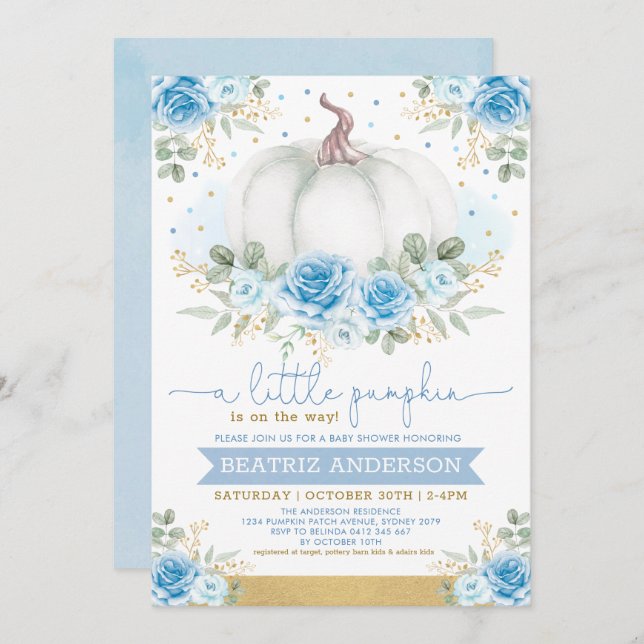Invitation Elégant Citrouille Bleu Floral Roses Baby shower d (Devant / Derrière)