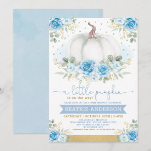Invitation Elégant Citrouille Bleu Floral Roses Baby shower d