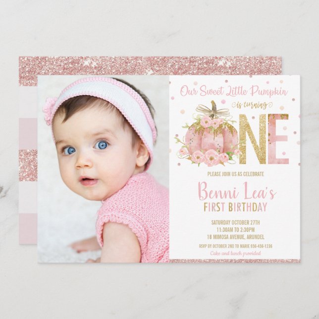 Invitation Élégant Citrouille rose 1er anniversaire une fille (Devant / Derrière)