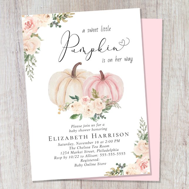 Invitation Élégant Citrouille rose Floral Baby Girl Douche (Celebrate the upcoming arrival of your sweet little autumn baby with a pumpkin-themed baby shower)