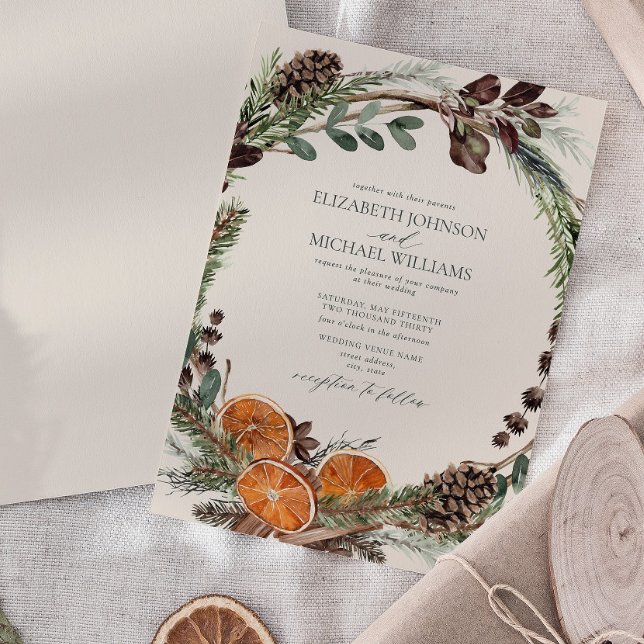 Invitation Elégant Citrus Boho Verdure Mariage d'hiver (Easily personalize this formal bohemian citrus invitation for the perfect fall or winter wedding)