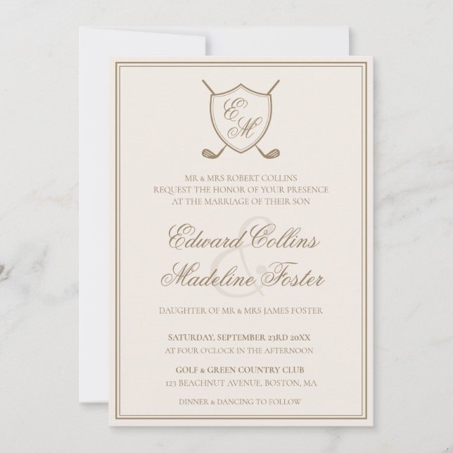 Invitation Élégant Classic Crest Monogram Mariage de golf (Devant)