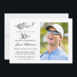 Invitation Elegant Classic Golf 21e anniversaire de fête Phot<br><div class="desc">Elégante invitation d'anniversaire en noir et blanc pour un golfeur. Le top de l'invitation est décoré d'accessoires de golf - un club de golf, balle de golf, casquette et gants. L'aquarelle crée une esthétique traditionnelle et classique. Parfait pour un bain d'anniversaire au club ou un jardin barbecue. Tout le texte...</div>