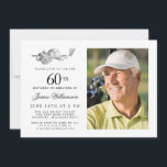 Invitation Elégant Classic Golf 60th Birthday Party Photo<br><div class="desc">Elégante invitation d'anniversaire en noir et blanc pour un golfeur. Le top de l'invitation est décoré d'accessoires de golf - un club de golf, balle de golf, casquette et gants. L'aquarelle crée une esthétique traditionnelle et classique. Parfait pour un bain d'anniversaire au club ou un jardin barbecue. Tout le texte...</div>