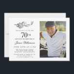 Invitation Elégant Classic Golf 70th Birthday Party Photo<br><div class="desc">Elégante invitation d'anniversaire en noir et blanc pour un golfeur. Le top de l'invitation est décoré d'accessoires de golf - un club de golf, balle de golf, casquette et gants. L'aquarelle crée une esthétique traditionnelle et classique. Parfait pour un bain d'anniversaire au club ou un jardin barbecue. Tout le texte...</div>