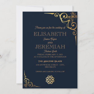 Invitation élégant Classic luxe bleu or mariage photo