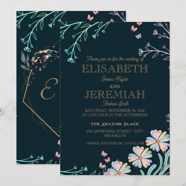 Invitation élégant Classic luxueux green mariage Invitatio (Devant / Derrière)
