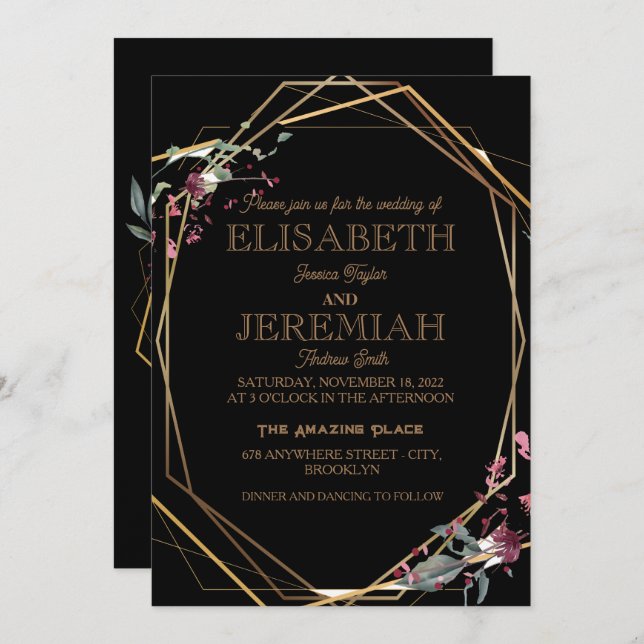 Invitation élégant Classic luxueux mariage noir (Devant / Derrière)