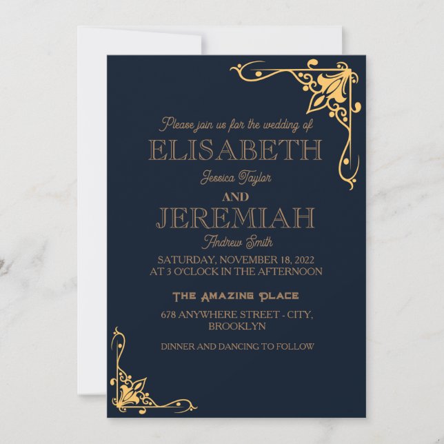 Invitation élégant Classic luxueux mariage or bleu (Devant)