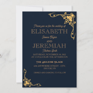 Invitation élégant Classic luxueux mariage or bleu