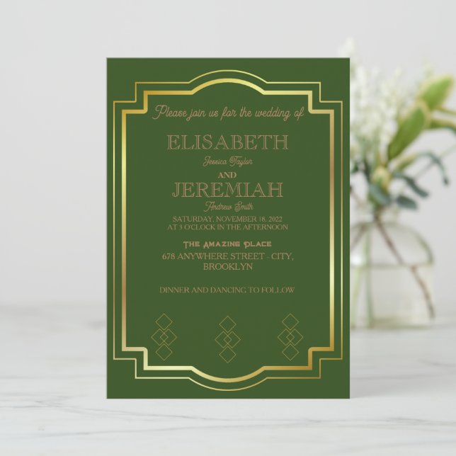Invitation élégant Classic luxueux mariage or vert (Debout devant)