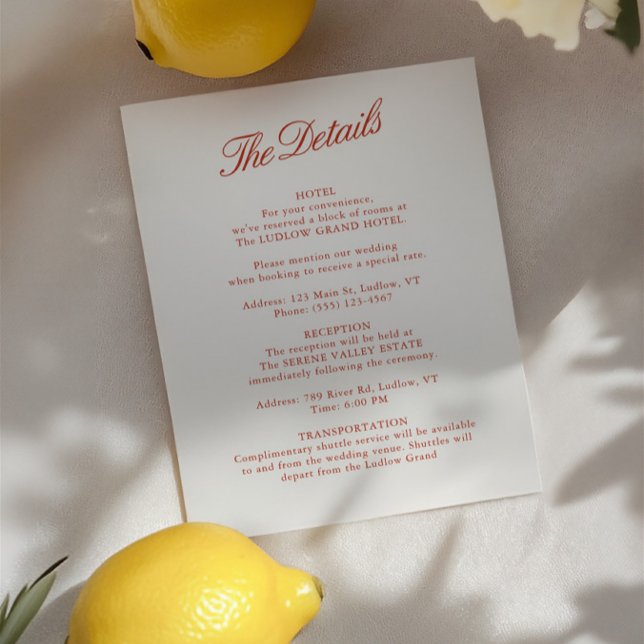 Invitation Elegant Classic Red & Ivory Mariage Détails Card (Elegant Classic Red & Ivory Wedding Details Card)