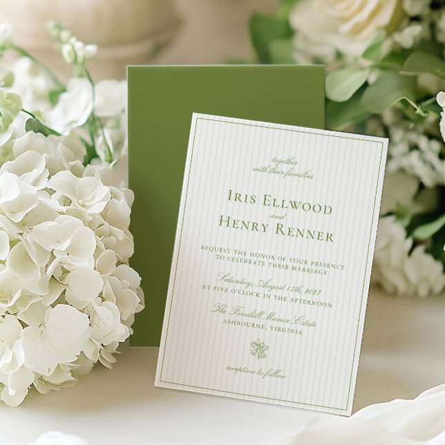 Invitation Elégant Classic Sage & Beige Striped Mariage (Elegant Classic Sage & Beige Striped Wedding Invitation)