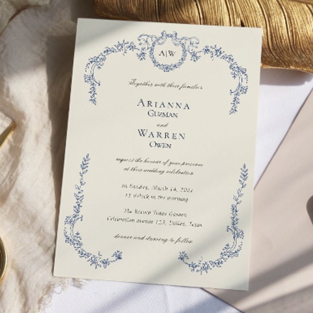 Invitation Elegant Classic Vintage Blue Monogram Wedding  (Elegant Classic Vintage Blue Monogram Wedding Invitation)