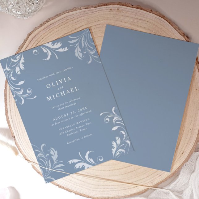 Invitation Elegant Classic Vintage Dusty Blue Wedding (Elegant dusty blue vintage wedding invitation with formal typography and classic swirl design)