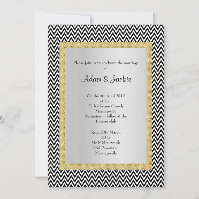 Invitation ELEGANT CLASSING MARIAGE noir blanc chevron or (Devant)