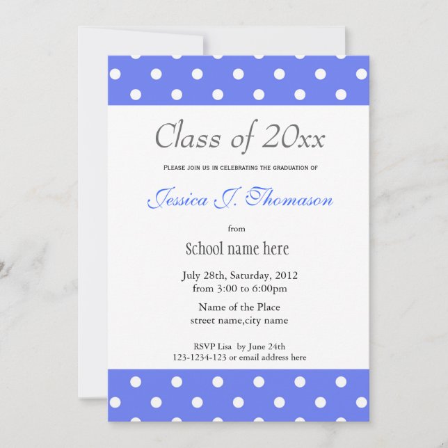 Invitation Élégant, classique bleu blanc pois graduation (Devant)