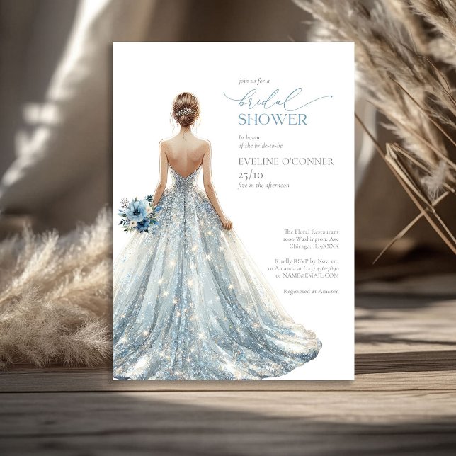 Invitation Élégant classique bleu étincelant mariage gown flo (Elegant classic blue sparkles wedding gown floral invitation)