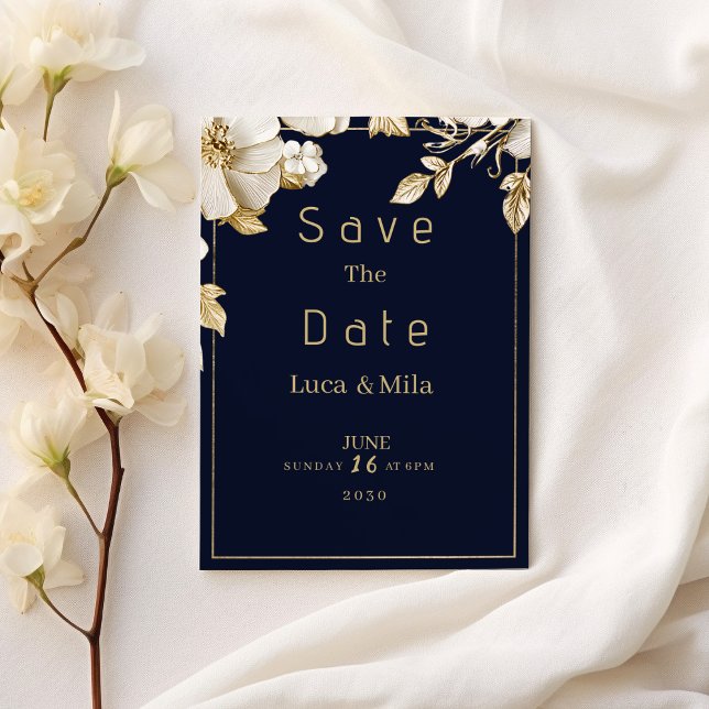 Invitation Élégant classique bleu marine or flore Enregistrez (Elegant classic navy blue gold flora Save the Date )
