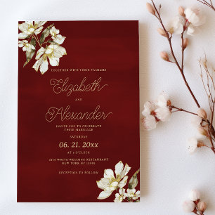 Invitation Élégant classique bordeaux fleurs or Mariage