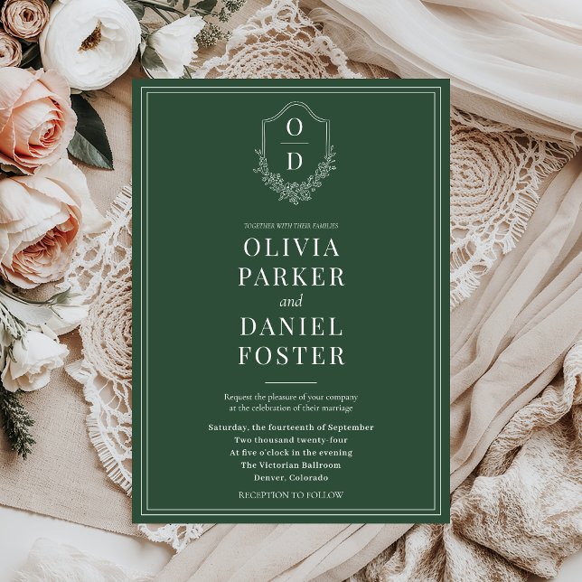 Invitation Élégant classique Crest Emerald Green Mariage (Créateur téléchargé)