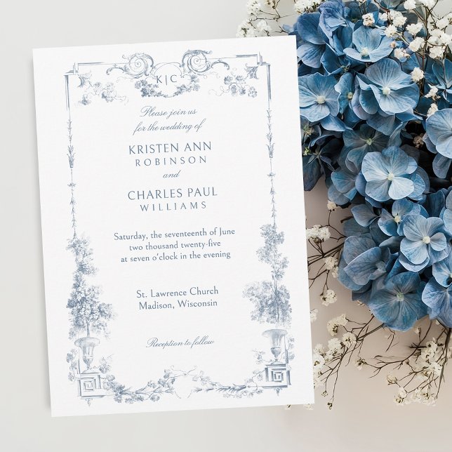 Invitation Élégant classique Dusty Bleu Français Floral (Créateur téléchargé)