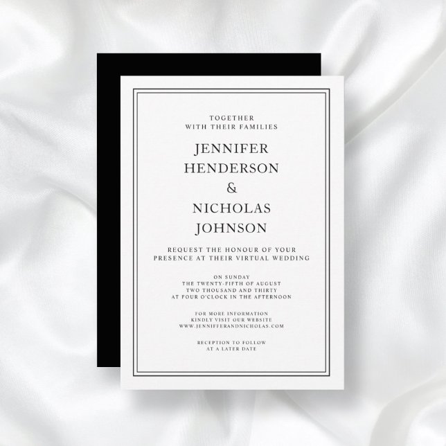 Invitation Élégant classique Formal Noir Blanc Mariage virtue (Front/Back Elegant Classic Formal Black White Virtual Wedding Invitation)