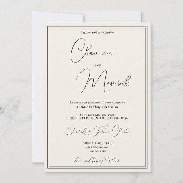 Invitation Élégant Classique Mariage Beige  (Devant)