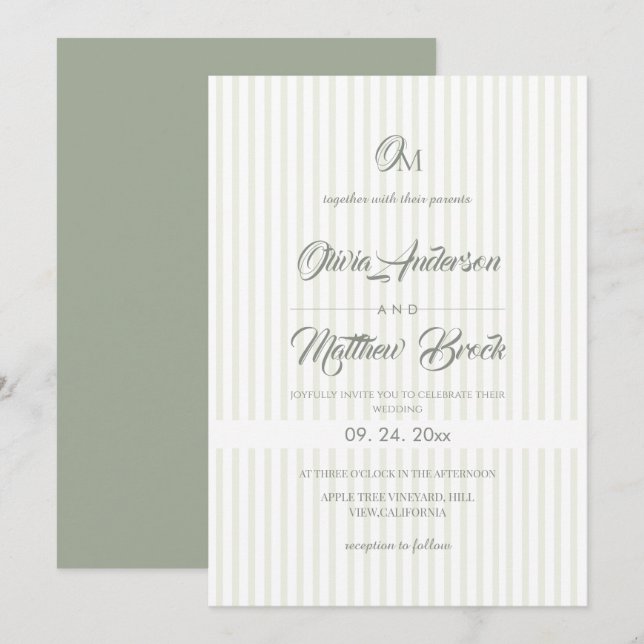 Invitation Élégant Classique⎮Mariage Rayure Vert Sauge (Devant / Derrière)