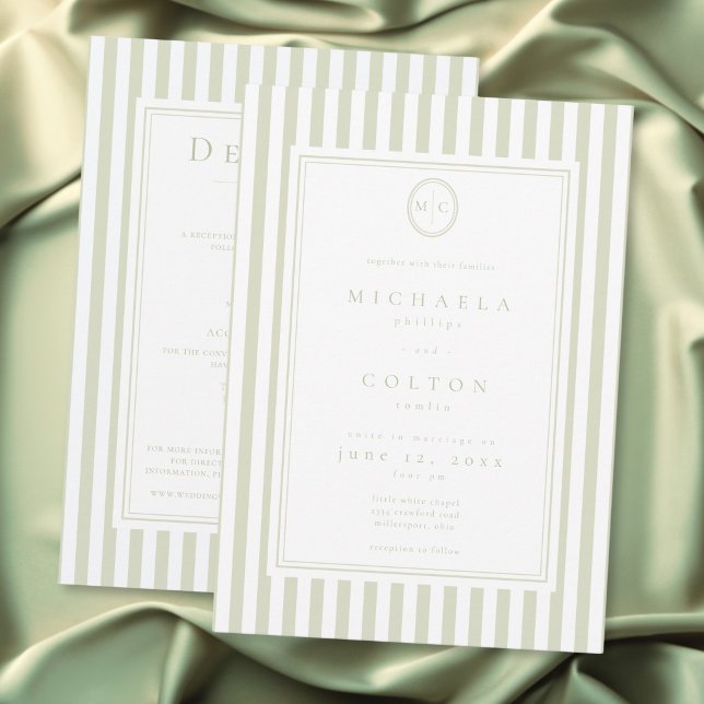 Invitation Élégant Classique Monogramme À Rayures Sage Double (Elegant Classic Sage Stripe Monogram Two Sided Invitation)