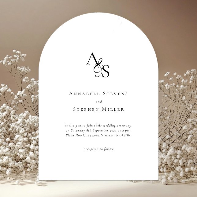Invitation Élégant, Classique, Monogramme, Blanc, Mariage (Elegant, classic, monogram, black & white, arch wedding invitation.)