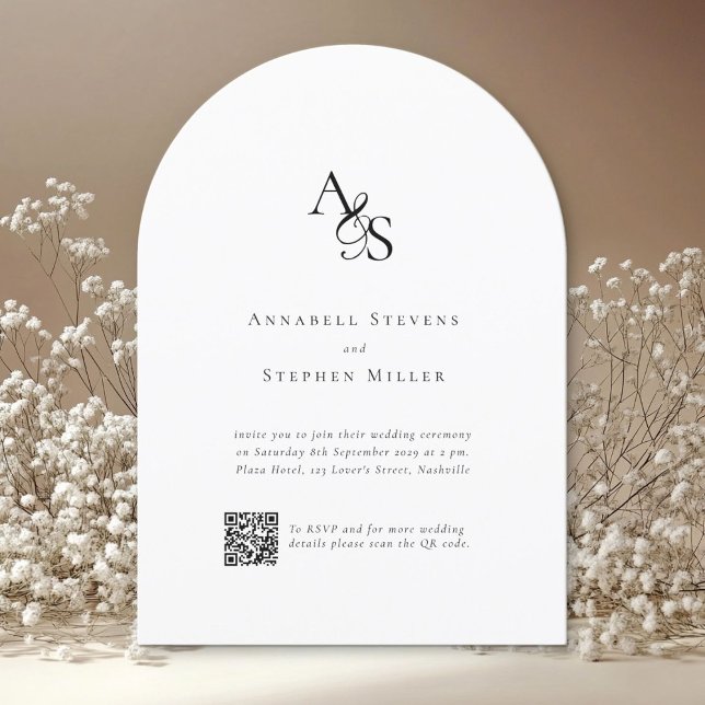 Invitation Élégant, classique, Monogramme, blanc, Mariage de  (Elegant, Classic, Monogram, White, QR Code Wedding Invitation)
