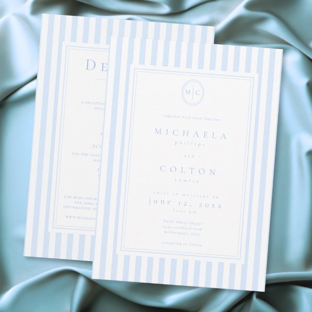 Invitation Élégant Classique Monogramme Double Face à Rayures (Elegant Classic Blue Stripe Monogram Two Sided Invitation)